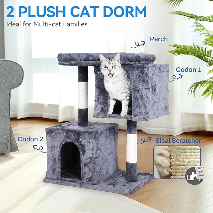 33 inches Small Cat Tree for Indoor Cats, Multi-Level Cat Trees with Scratching Posts, Padded Plush Perch, Large Condos & Playhouse for Kittens/Adult Cats
