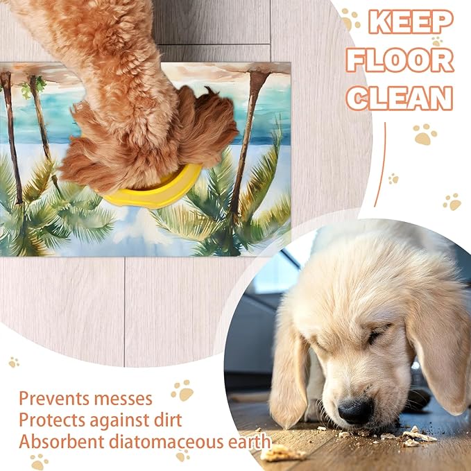 Summer Beach Dog Food Mat for Floors Absorbent, Quick Dry Water Dispenser Mat for Food, Water, Pet Supplies 17" x 30", Tropical Palm Tree