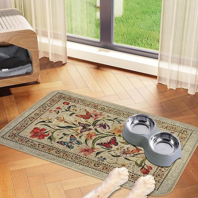 Dog Food Mats for Floors, Waterproof Quick Dry for Cat Bowl Food and Water, Eco-Friendly Accessories Pet Supplies(12"x20", Beige Color Flower)