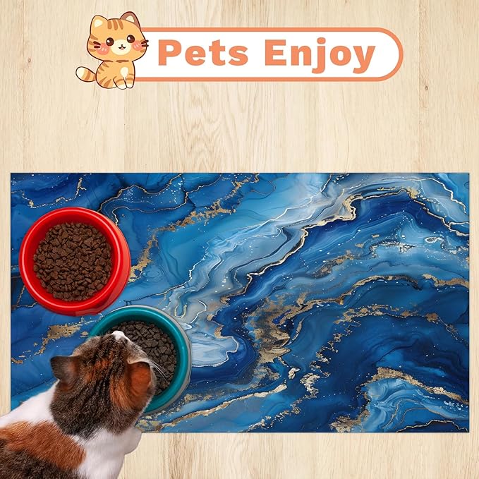 Blue Marble Dog Food Mat for Floors Absorbent, Quick Dry Water Dispenser Mat for Food, Water, Pet Supplies 12" x 20", Modern Abstract