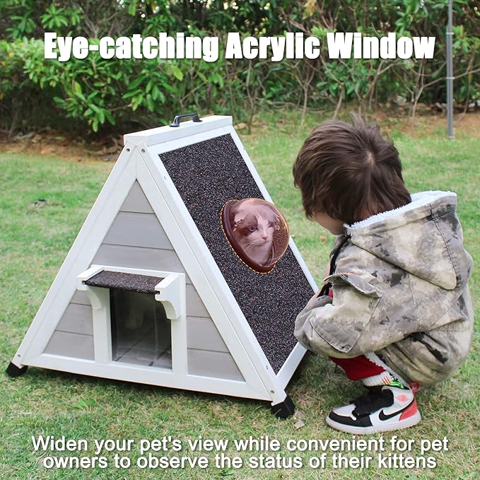 Deblue Weatherproof Cat House for Feral Cats, Outdoor Cat House for Small Cats, Unique Wooden Cat Shelter with Escape Door, Clear Window Fits for Small Pets - Grey