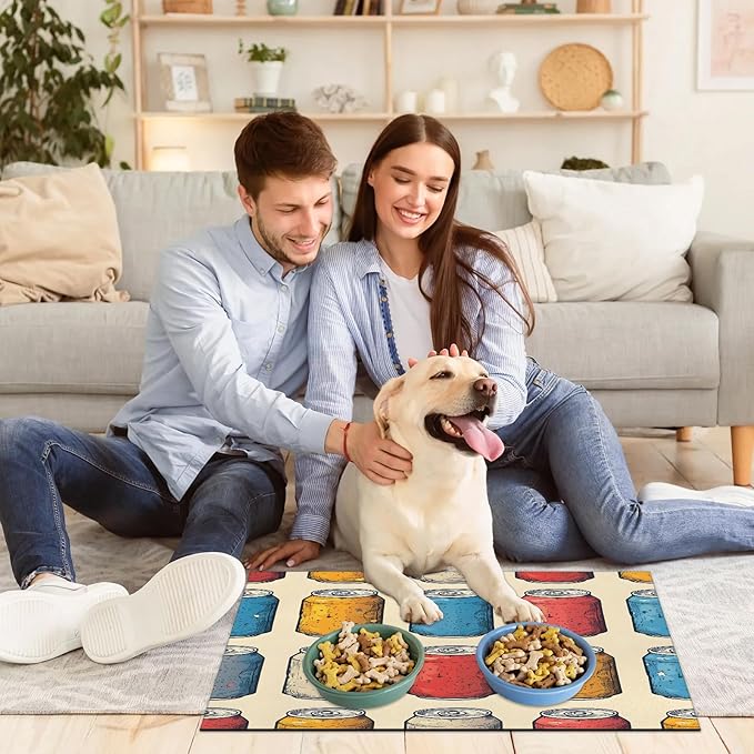 Vintage Beverage Dog Food Mat for Floors Absorbent Dog Bowl Mat for Food and Water Dispenser Quick Dry Cat Food Placemat Pet Supplies 16" x 24", Colorful