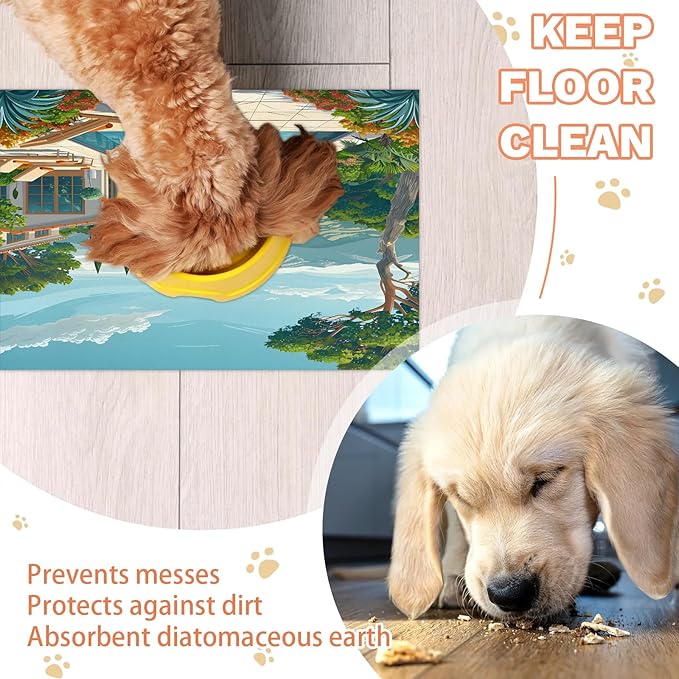 Swimming Pool Dog Food Mat for Floors Absorbent, Quick Dry Water Dispenser Mat for Food, Water, Pet Supplies 24" x 32", Mountain Fore