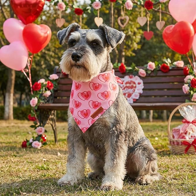 PTDECOR Valentine Dog Bandana, Reversible Heart Print Valentine Pet Scarf, Premium Durable Fabric, Pink Bandanas for Small Dogs Pets (Small)