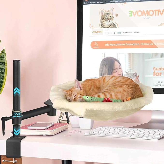 Deskside Dreamer - Cat Desk Perch, [+ Catnip Fish Toy], Comes with [2 Washable Fabrics]: Mesh and Plush, 360° Rotating & Height Adjustable [Beige]. Max Weight 35LBS
