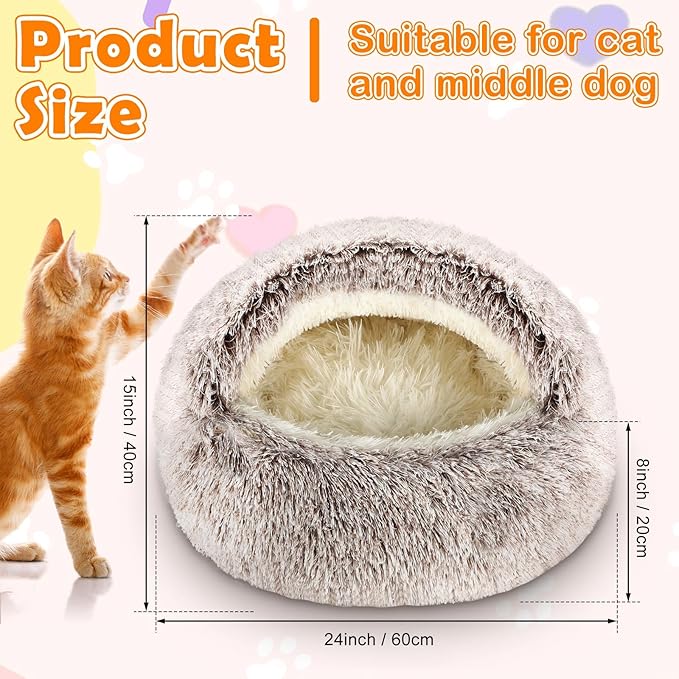 2 Pcs Self Warming Cat Beds with Hood, Self Heating Dog Cave Bed, Fluffy Round Covered Pet Pad, Plush Hooded Pet Beds with Non-Slip Bottom for Indoor Cat or Small Middle Dog(Coffee,24 in)