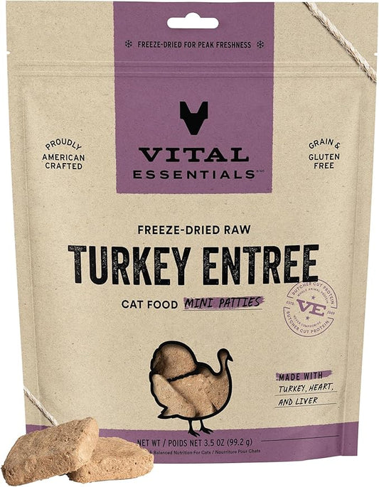 Vital Essentials Freeze Dried Cat Food, Raw Turkey Mini Patties | Complete Meal or Topper | Easy to Portion and Rehydrate | High Protein, Grain Free Dry Cat Food | 3.5 oz Bag