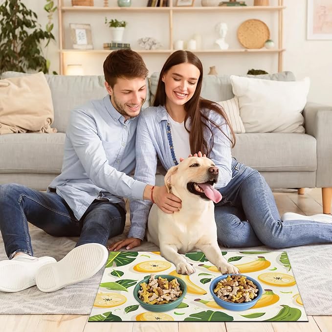 Bananas Dog Food Mat for Floors Absorbent Dog Bowl Mat for Food and Water Dispenser Quick Dry Cat Food Placemat Pet Supplies 12" x 20", Green Leaves