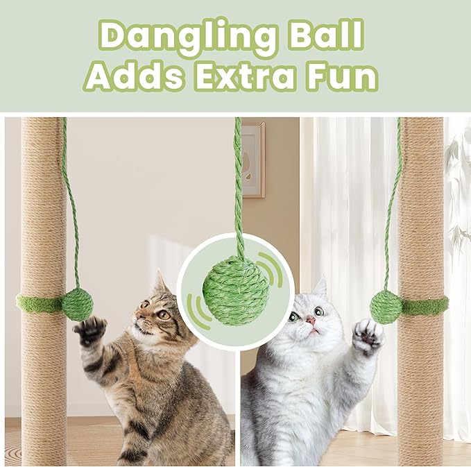 33" Tall Cat Scratching Posts for Indoor Cats, Cat Scratching Post Premium Basics Kitten Scratcher Sisal Scratch Posts with Hanging Ball, All Ages with Reinforced Stable Base, Green