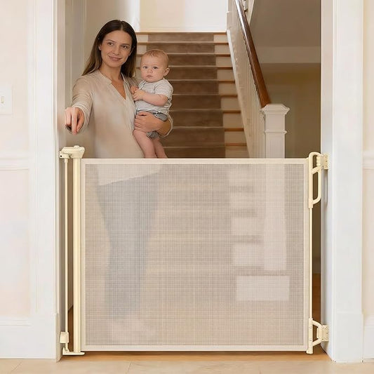 Retractable Safety Baby Gate or Mesh Dog Gate,Durable Portable Mesh Retractable Gate,Easy to Use for Stairs, Doorways, Hallways, Indoor, Outdoor, 33.5" Tall, Up to 55" Wide, Cream