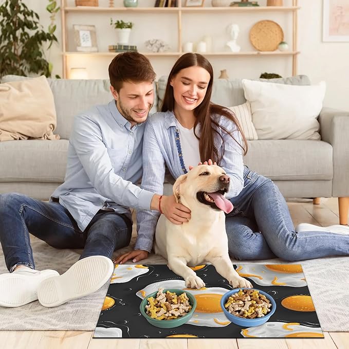 Fried Egg Dog Food Mat for Floors Absorbent Dog Bowl Mat for Food and Water Dispenser Quick Dry Cat Food Placemat Pet Supplies 12" x 20",