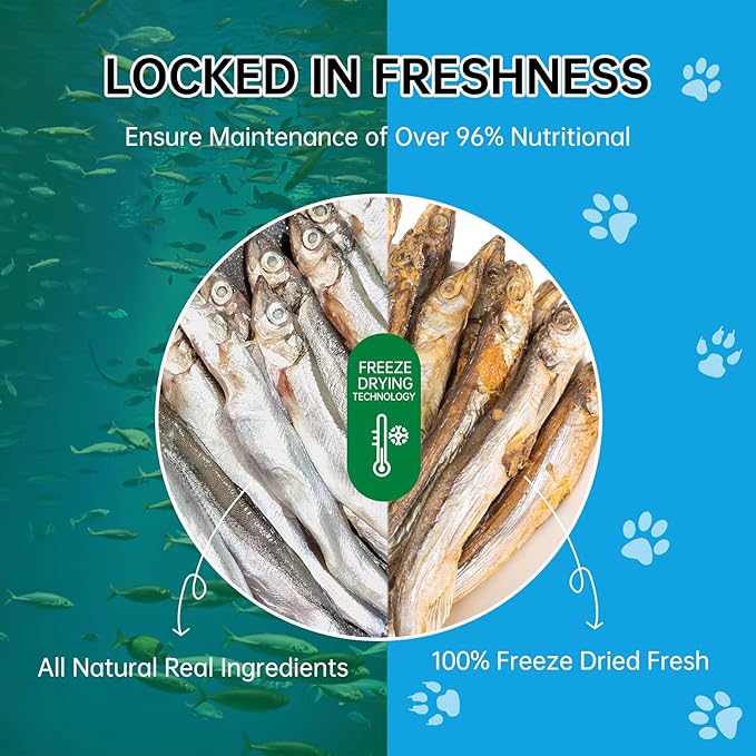 Freeze-Dried Capelin Fish Cat Dog Treats - Single Ingredient Pet Snacks High Protein & Omega-3,Grain-Free, Supports Skin & Joint Health (3.2oz)