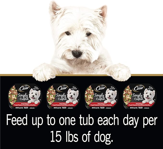 CESAR SIMPLY CRAFTED Adult Soft Wet Dog Food Meal Topper Beef, Chicken, Purple Potatoes, Green Beans & Red Rice, (10) 1.3 oz. Tubs