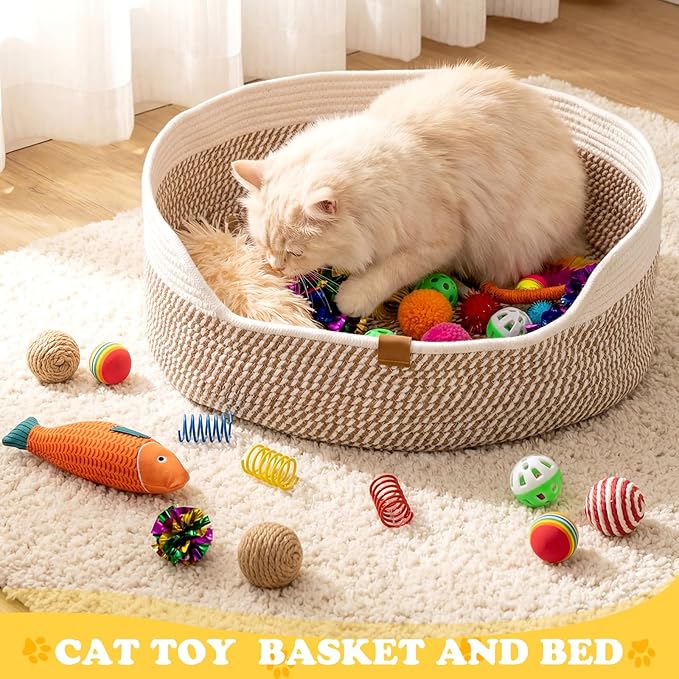 Leitee Valentine's Day Cat Bed Storage Basket with 40 Pcs Cat Variety Toys Pack Set Includes Pillows, Spring Toy, Chew Rope and Balls for Kitten Kitty Swat Hunt Interactive Pet(White,Yellow)
