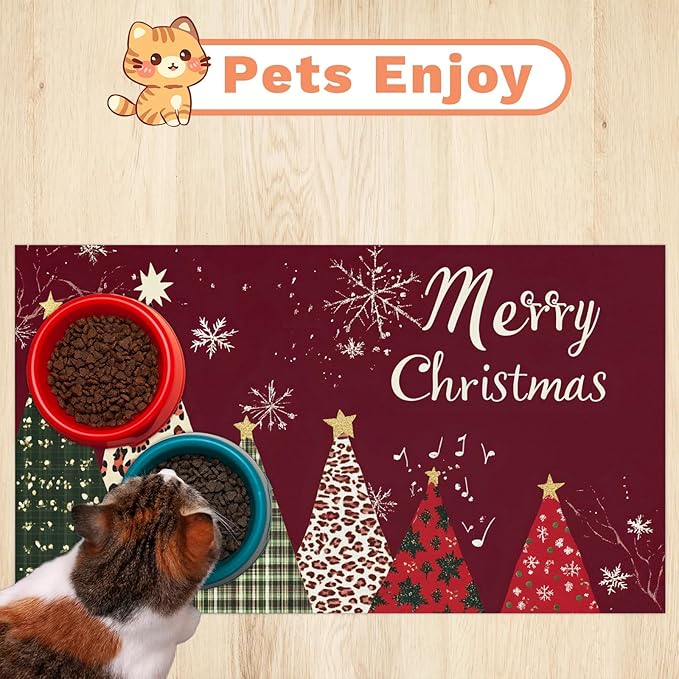 Christmas Tree Dog Food Mat for Floors Absorbent, Quick Dry Water Dispenser Mat for Food, Water, Pet Supplies 24" x 32", Merry Christmas