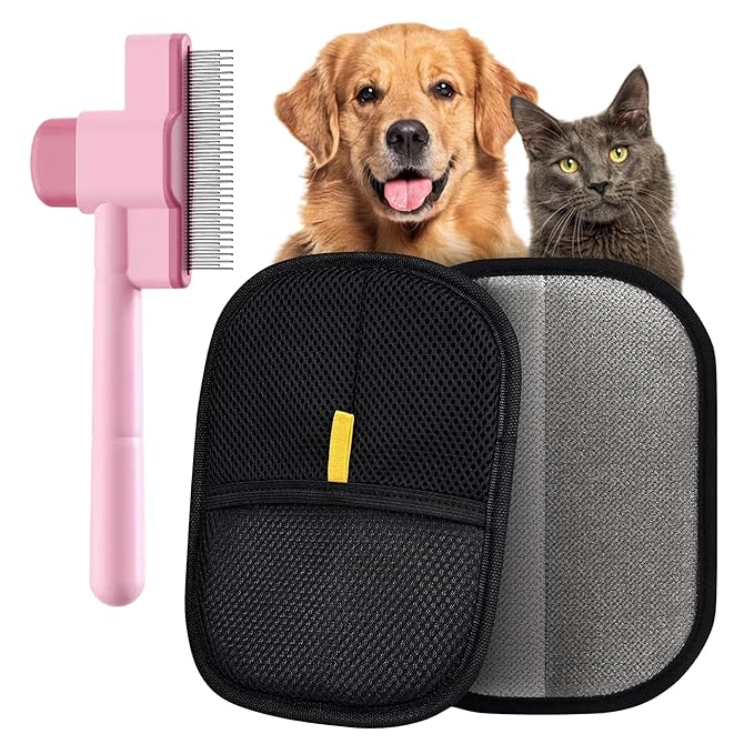 Pet Hair Removal Glove & Comb for Cats and Dogs – 2-in-1 Grooming and Deshedding Glove – Gentle Silicone Brush for Shedding, Bathing & Massage