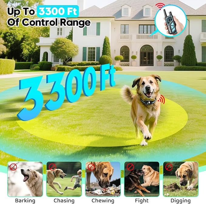 Dog Shock Collar with Remote-3300 Feet & IPX7 Waterproof Dog Training Collar -Beeper, Vibration, Safe Shock for 7-120lbs Large, Medium, Small Dogs, with Keypad Lock, Rechargeable Bark Collar