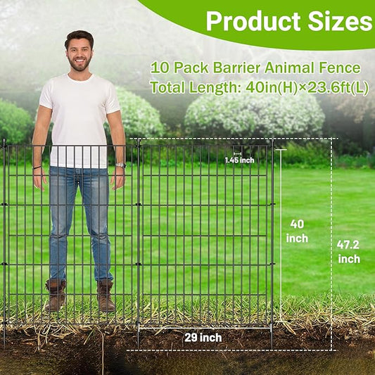 10 Panels No Dig Decorative Outdoor Garden Fence with Gate for Yard, 40 in(H) X 23.6 ft(L) Animal Barrier Fencing Rustproof Metal Wire Panel Border for Dog, Rabbits, and Patio Temporary Ground Stakes