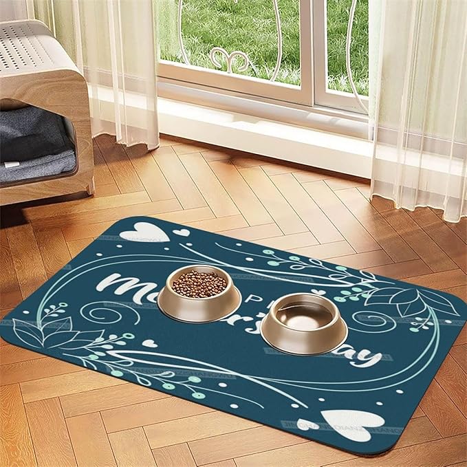 Dog Food Mat Happy Mother's Day Floral Gift for Mom Jo Absorbent Water Bowl Mats Cat Pet Feeding Placemats 24x16In