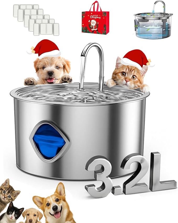 Dog Bowl for Small Dogs (with 10 Filter, 3.2L/108Oz) Stainless Steel Quiet Dog Water Bowl with Visual Water Level & Quadruple Filtration for Pets (1PCS+5 Filter, 1)