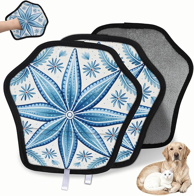 Reusable Pet Hair Removal Glove Blue Flowers Style Magic Brush for Cat & Dog Hair Remover for Car, Sofa, Bedding, Clothes - 9x9 Mitt Washable