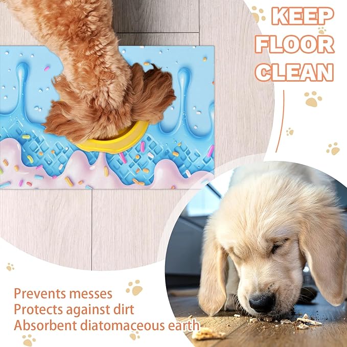 Ice Cream Dog Food Mat for Floors Absorbent Dog Bowl Mat for Food and Water Dispenser Quick Dry Cat Food Placemat Pet Supplies 17" x 30", Colorful Candy
