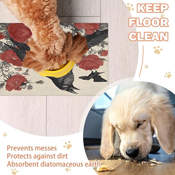 Halloween Crow Dog Food Mat for Floors Absorbent, Quick Dry Water Dispenser Mat for Food, Water, Pet Supplies 12" x 20", Skull Floral