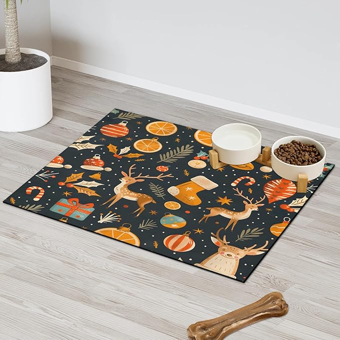 Christmas Deer Dog Food Mat for Floors Absorbent, Quick Dry Water Dispenser Mat for Food, Water, Pet Supplies 24" x 32", Orange Socks Ball