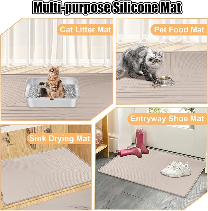 Silicone Cat Litter Mat, 50" x 36" Extra Large Litter Trapping Mat for Litter Box, Leak-Proof, Non-Slip, Kitty Litter Mats with Soft Texture for Floor, Keeping The Floor Clean (Khaki)