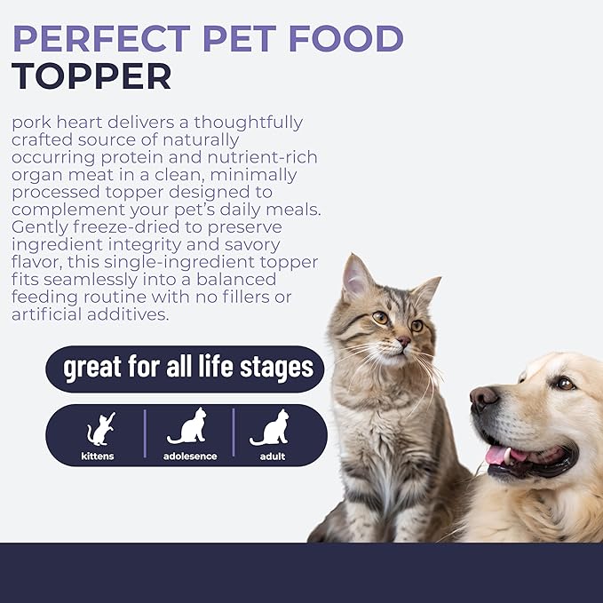 Momentum Carnivore Nutrition Freeze-Dried Pork Heart Pet Food Topper – Single-Ingredient, All-Natural Topper – High-Protein for Dogs and Cats, Grain-Free and Made in The USA– (3.75 oz Bag)