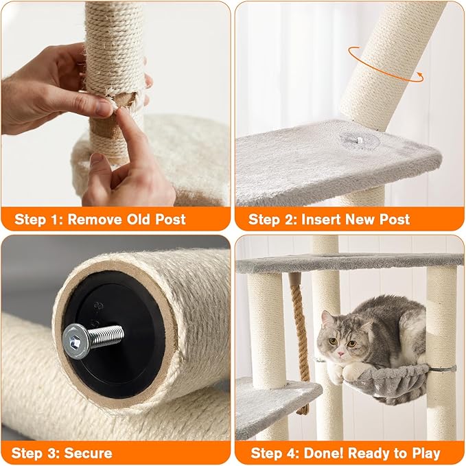 4 Pack Cat Scratching Post Replacement, 15.7 x 3.1 Inch Sisal Poles with M8 Screws, Refill Parts for Indoor Cat Towers and Furniture Repair-White