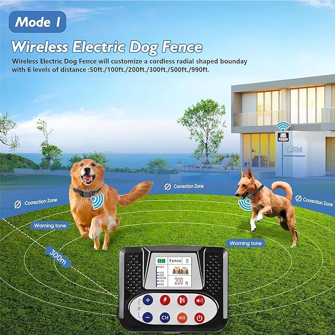 Wireless Dog Fence, 2024 Pet Boundary Containment System, Electric Dog Fence & Remote Training Collar 2in1, Adjustable Vibration & Shock, IP65 Waterproof Collar for Large and Medium Dogs ,for3dogs