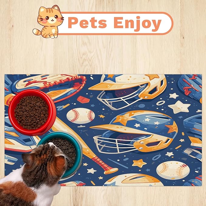 American Baseball Dog Food Mat for Floors Absorbent, Quick Dry Water Dispenser Mat for Food, Water, Pet Supplies 16" x 24", 4th of July