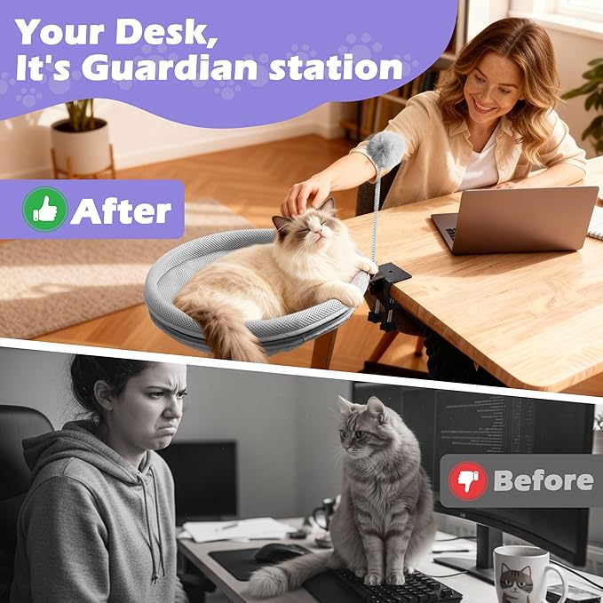 Cat Desk Bed with Teaser Wand, Under Desk Cats Bed Platform with Sturdy Clamp, Space-Saving Cat Perch Mounts Underneath Desk for Large Cats,for Gift,Present(Grey)