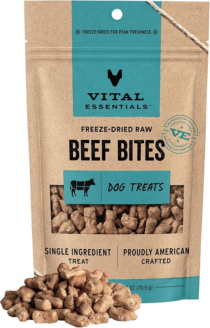 Vital Essentials Freeze Dried Dog Treats | Beef Bites, Single Protein | Premium Quality | Grain Free Training Treats for Dogs, 2.5 oz Bag