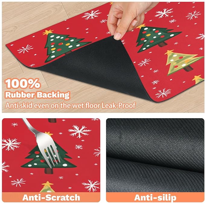Xmas Trees Dog Food Mat for Floors Absorbent, Quick Dry Water Dispenser Mat for Food, Water, Pet Supplies 17" x 30", Christmas Snowflakes