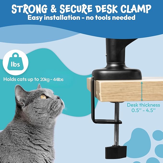 Cat Desk Bed – 360° Rotating Hammock Mount with Strong Clamp | Supports 44 lbs | Reinforced Wood Base, Plush Washable Cushion, Easy Tool-Free Install, Space-Saving Modern Furniture
