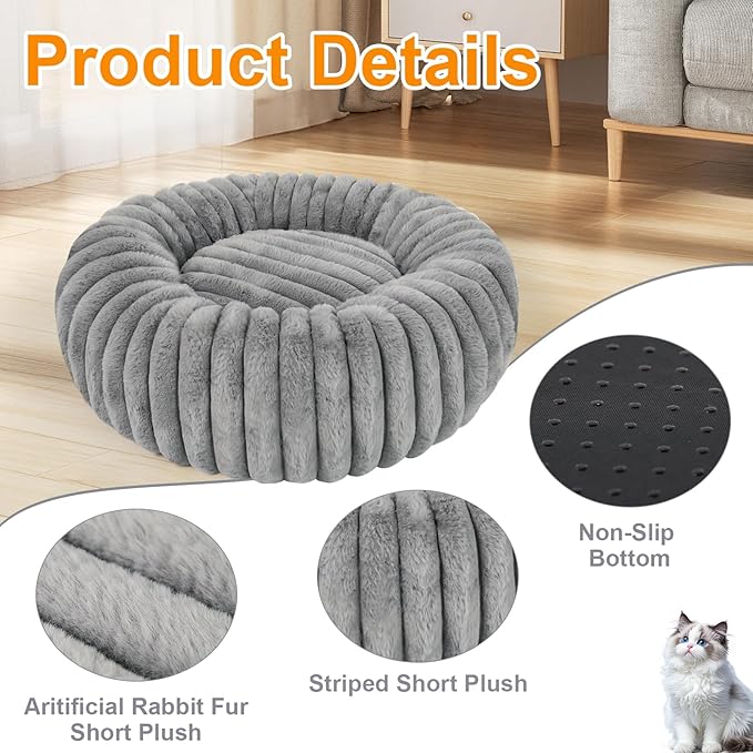 Washable Small Cat Dog Bed,Calming Anti Anxiety Round Donut Dog Bed,Fluffy Puppy Dog Beds for Medium Small Dogs,Cute Kitten Cat Beds for Indoor Cats,Comfort Pet Bed for Medium Size Dogs(Grey,M)
