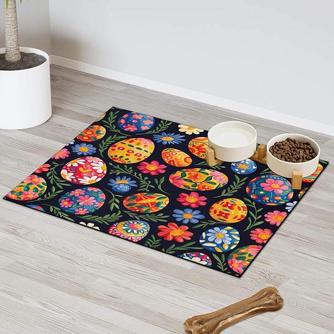 Easter Egg Dog Food Mat for Floors Absorbent Dog Bowl Mat for Food and Water Dispenser Quick Dry Cat Food Placemat Pet Supplies 12" x 20", Watercolor Flower