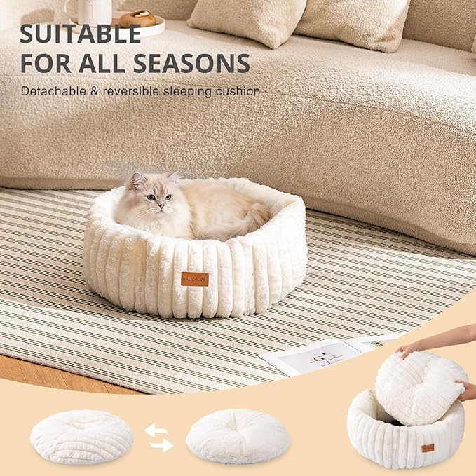 Cat Beds, Self Warming Cat Bed, Washable Pet Beds for Indoor Cats, Super Soft Faux Rabbit Fur Pet Bed for Puppy and Kitten with Anti-Slip Bottom (White, 20"x20"x8")
