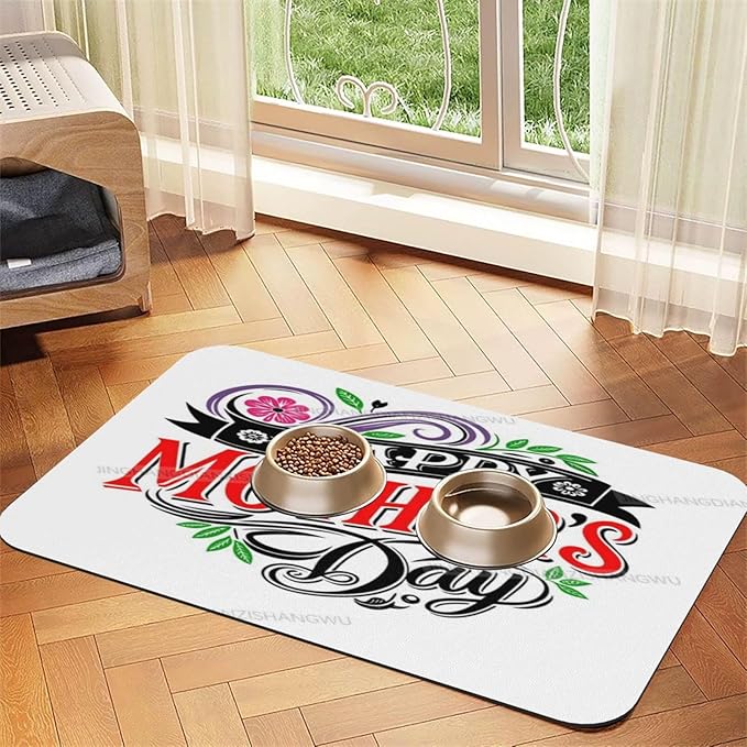 Dog Food Mats for Floors Absorbent Pet Cat Food Mat Happy Mother's Day Floral Gift Mom Bk Non Slip Dogs Bowl Mats for Water Dog Placemats Feeding Mat Pet Supplies 24x16In