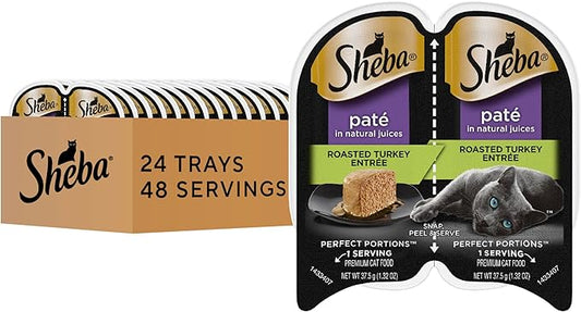 Sheba Perfect Portions Wet Cat Food Pate Roasted Turkey Entree, 2.6 oz. Twin-Pack Trays, Cat Food Wet Recipe (24 Count, 48 Servings)