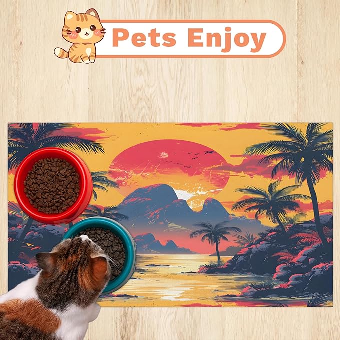 Coastal Sunset Dog Food Mat for Floors Absorbent, Quick Dry Water Dispenser Mat for Food, Water, Pet Supplies 16" x 24", Palm Tree