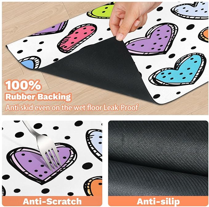 Colorful Heart Dog Food Mat for Floors Absorbent, Quick Dry Water Dispenser Mat for Food, Water, Pet Supplies 16" x 24", Black Polka Dot