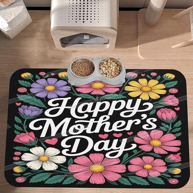 Absorbent Dog Water Cat Mat for Food Water Bowl Quick Dry Happy Mother's Day Floral Gift for Mom Le Pet Feeding Mats No Stains Dog Food Mat Pet Accessories Supplies Cat Bowl Mats 18X12In
