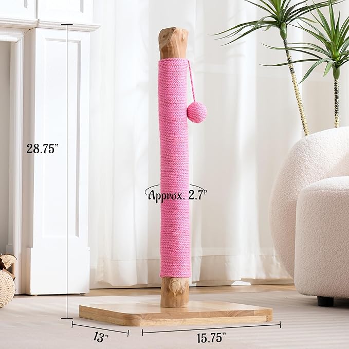 29" Tall Cat Scratching Post for Indoor Cats Adults, Extra-Stable & Natural Solid Wood Scratching Post Sisal Scratcher with Hanging Funny Ball, Pink