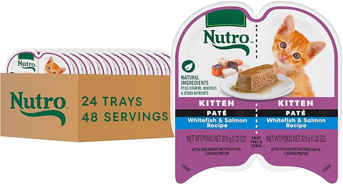 Nutro Perfect Portions Wet Kitten Food Pate Whitefish and Salmon Recipe, Pate Wet Cat Food, 2.6 oz. Twin-Pack Trays, 24 Count, 48 Servings