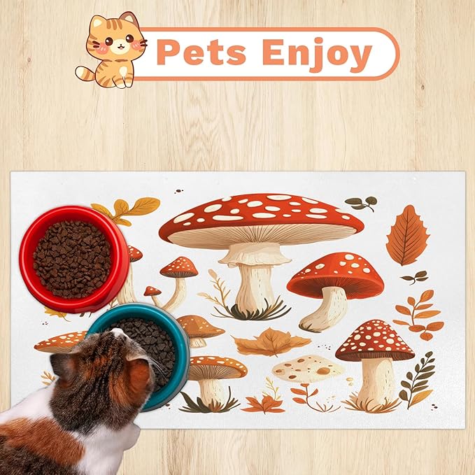 Retro Mushroom Dog Food Mat for Floors Absorbent Dog Bowl Mat for Food and Water Dispenser Quick Dry Cat Food Placemat Pet Supplies 16" x 24", Boho Leave