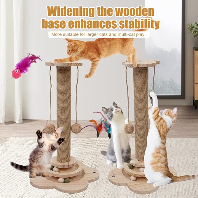 4 inch Wider Design for Large Cats Providing Greater Stability,4-in-1 Wooden Cat Scratcher Toy,Scratching Post&2-Level Track Tower with 8 Balls&2 Sisal Ball&2 Cat Wand Toy(15.8" L x 15.8" W x 19" H)