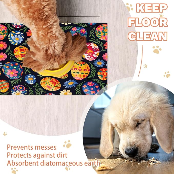 Easter Egg Dog Food Mat for Floors Absorbent Dog Bowl Mat for Food and Water Dispenser Quick Dry Cat Food Placemat Pet Supplies 24" x 32", Watercolor Flower